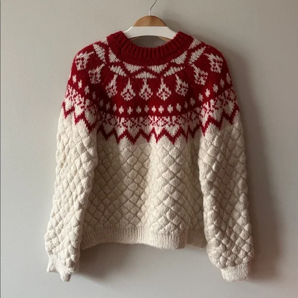 Zara Oversized Knit Jacquard Sweater Ivory Red Size Medium - Picture 6 of 16